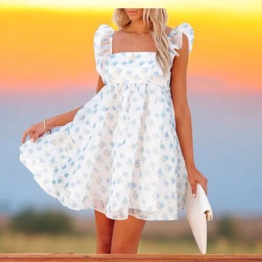 NWT Storia Blue Floral Babydoll Dress Size S Fairy Feminine Flowy Cottagecore
